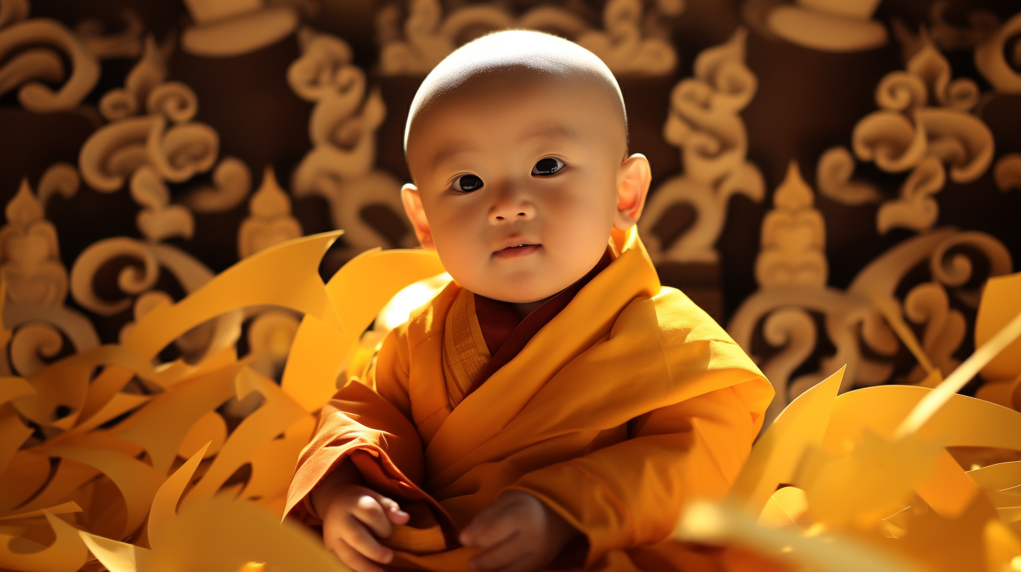 Image of a cute baby Tibetan monk in delicate paper cutouts