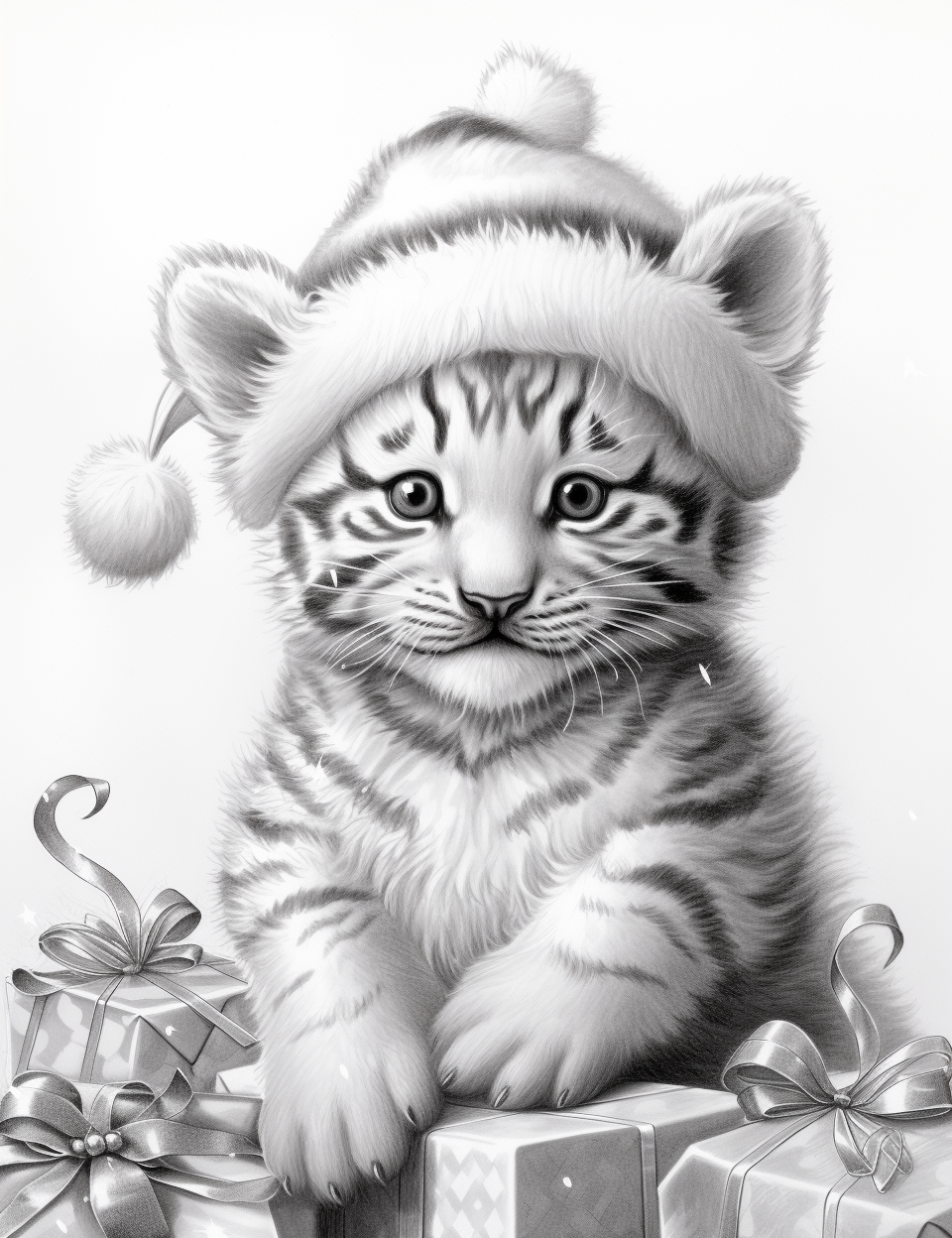 Cute baby tiger wearing Santa hat