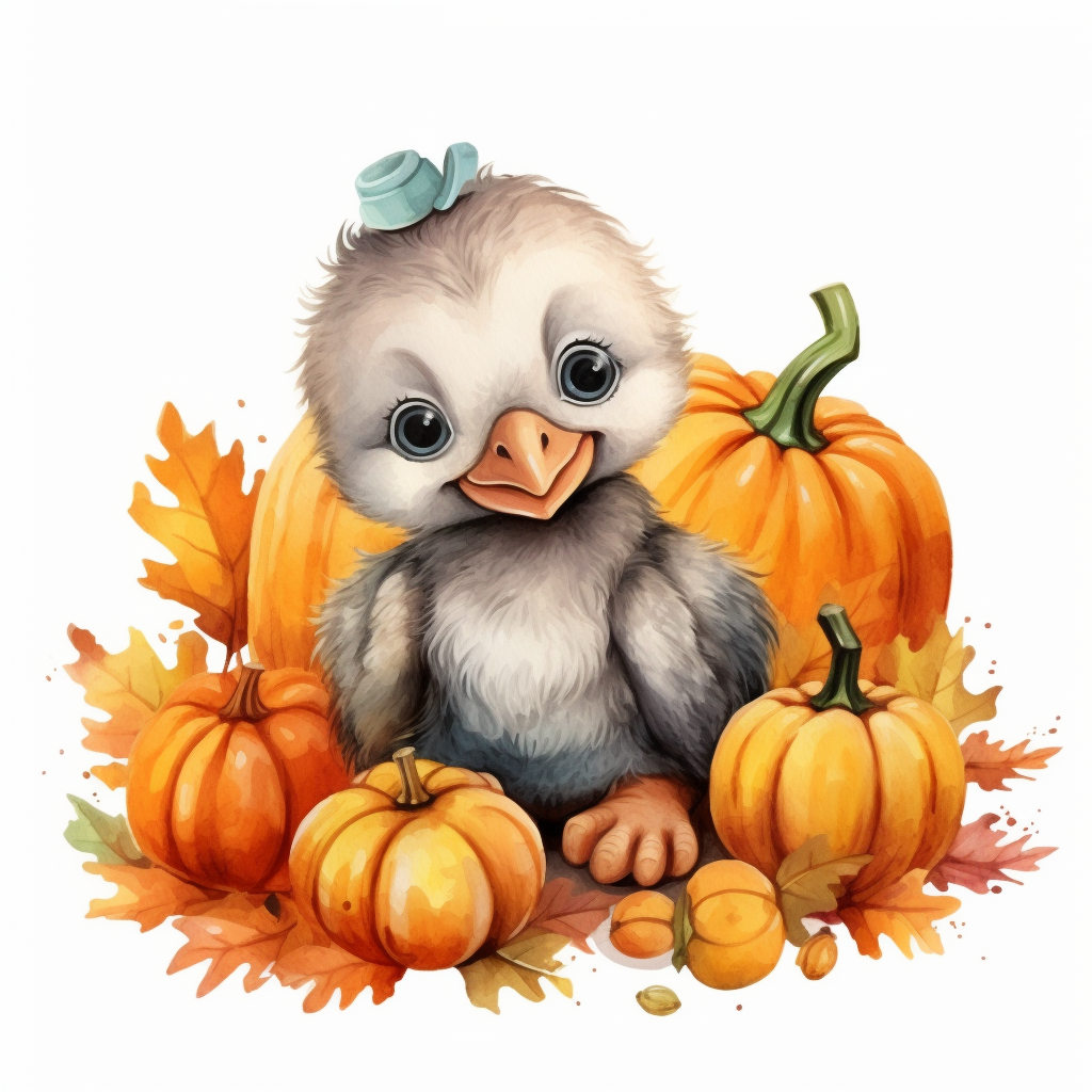 Watercolor illustration of a cute baby turkey with pumpkins