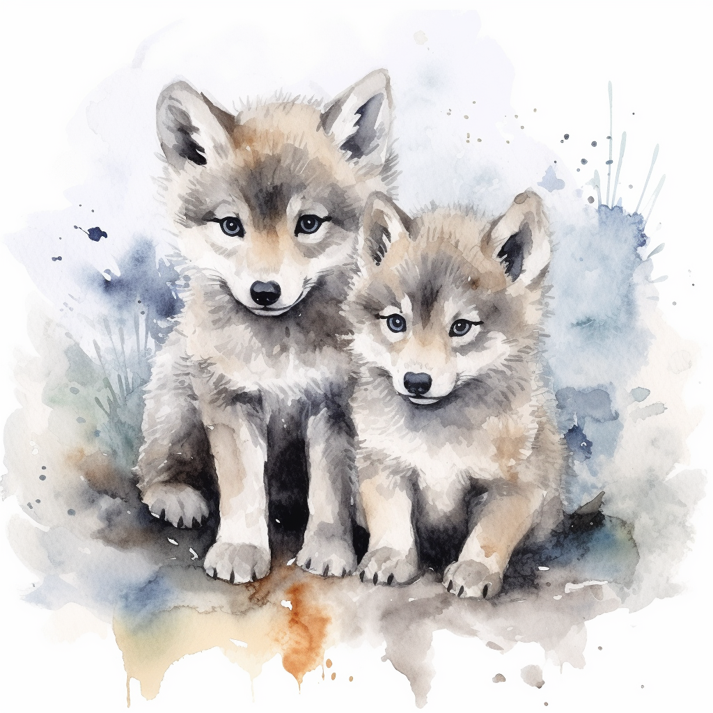 Cute baby wolf couple on watercolor background