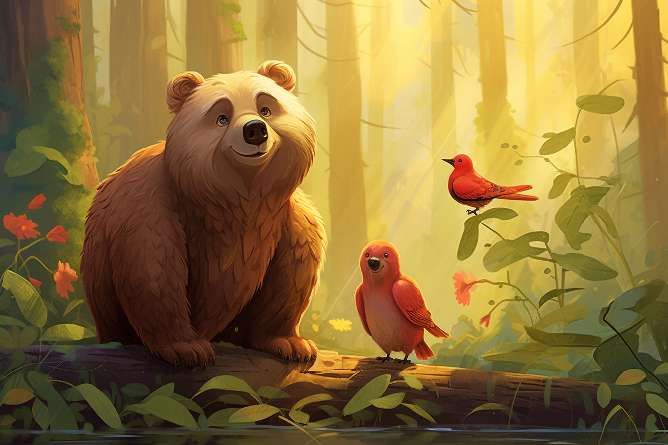 Cute bear and bird posing in forest