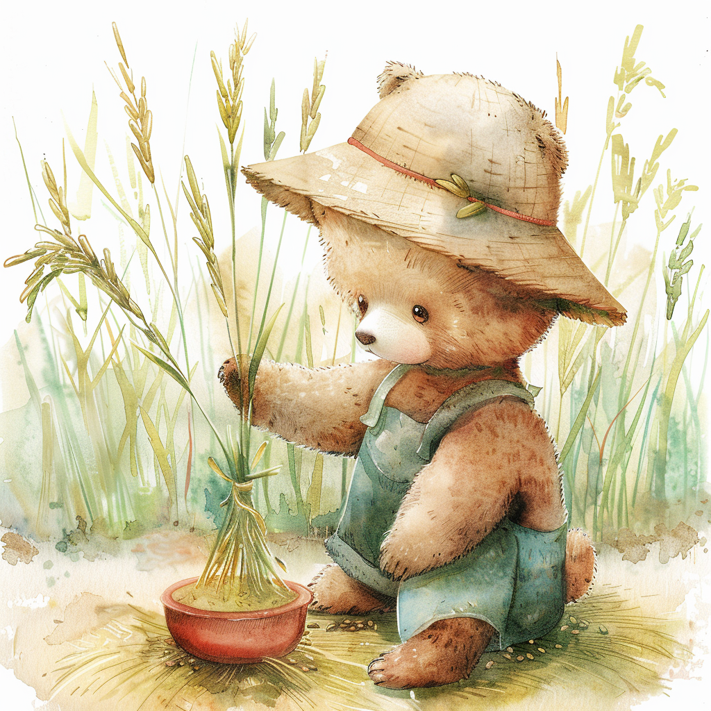 Cute Bear Planting Rice Illustration