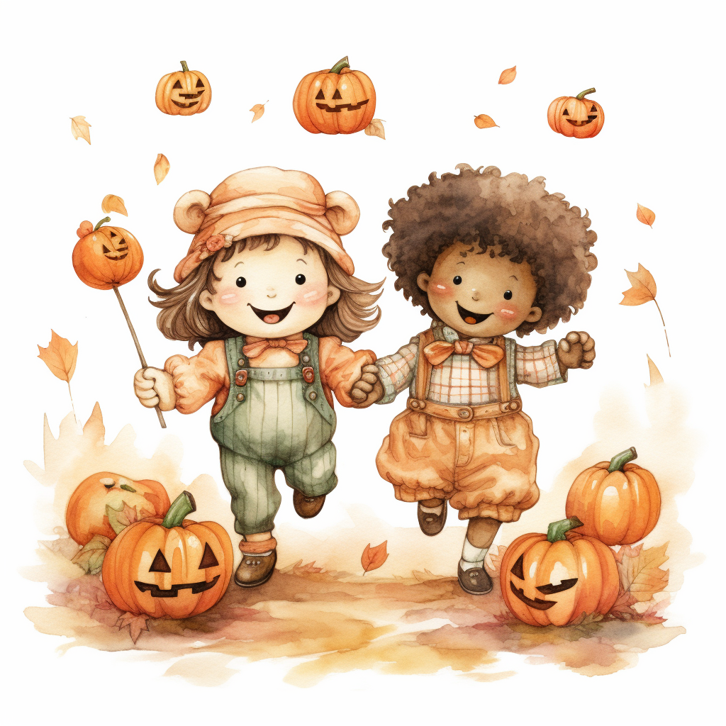 Cute bears and afro child in pumpkin patch