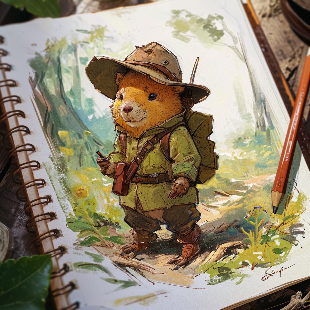 Cute beaver wearing ranger outfit in forest