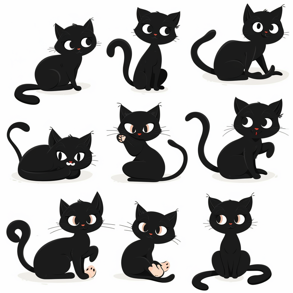 Cute Black Cat Poses White Background