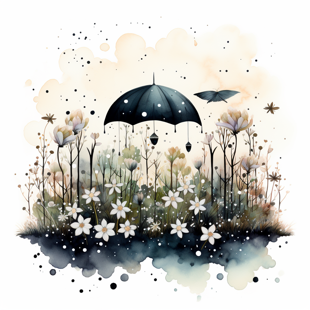 Cute black and white Korean style art with sand and rain on flowers