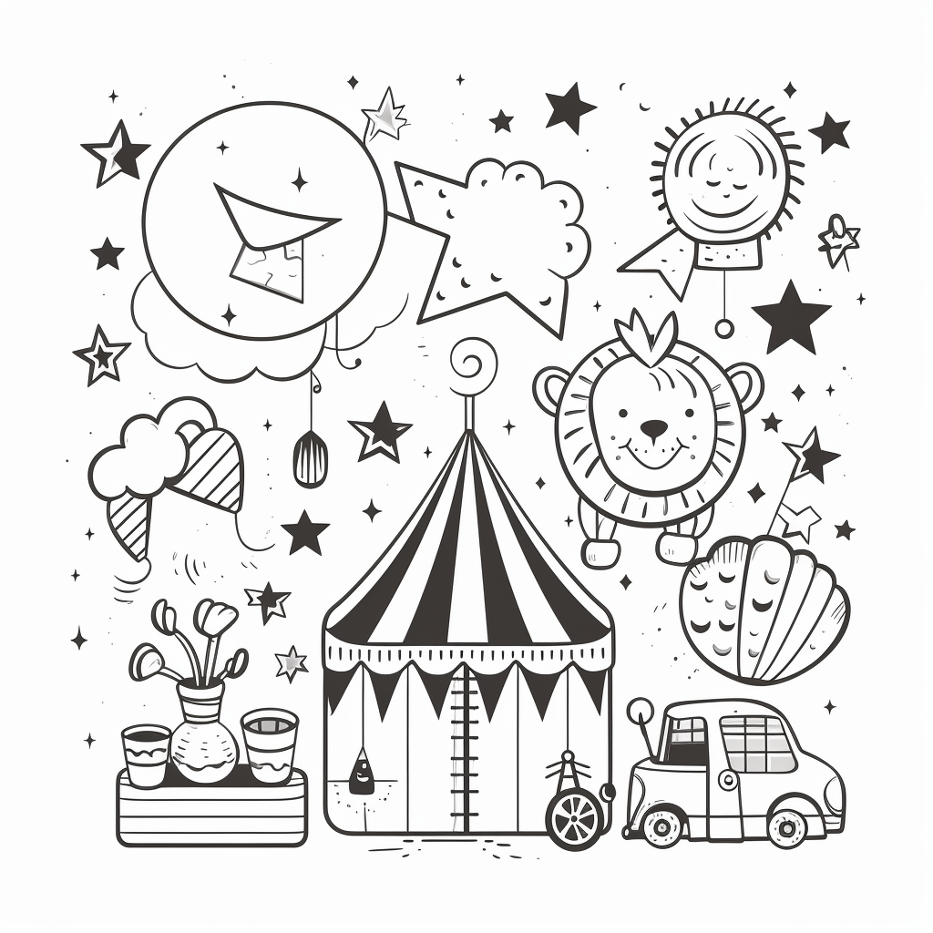 Cute black and white line drawing kids circus sign