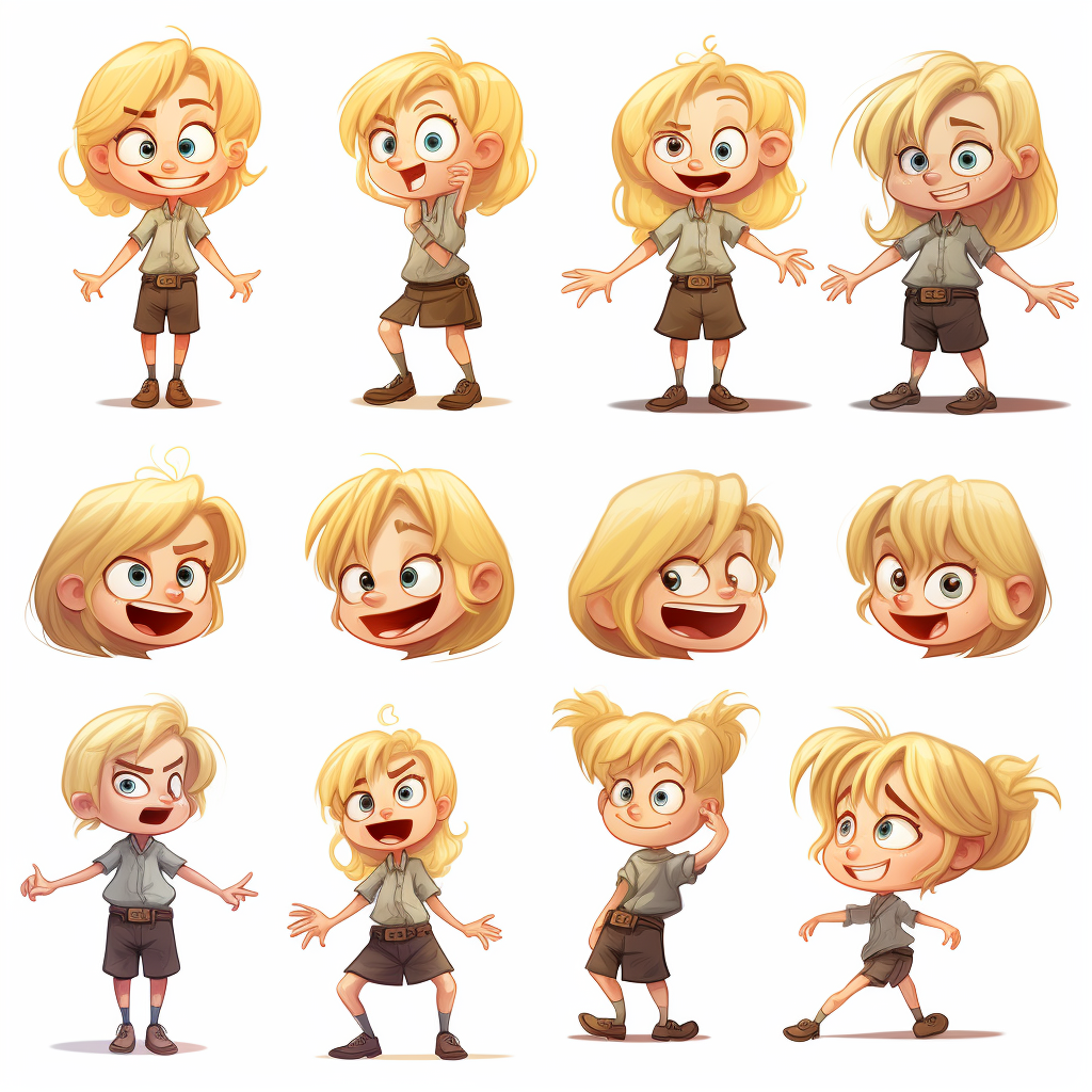 Cute blonde 8-year-old attitude cartoon character on white background