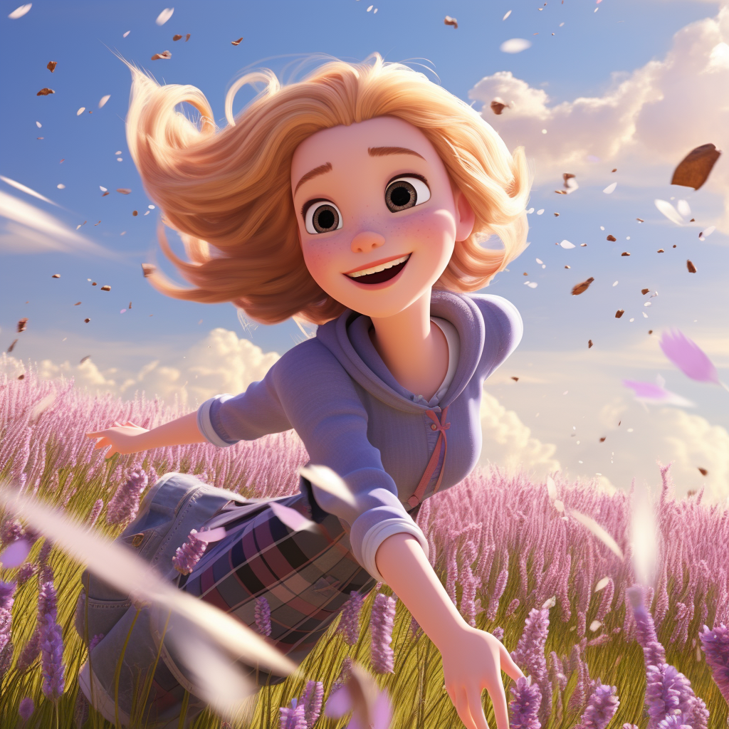 Cute blonde flying fast over lilac field on broom