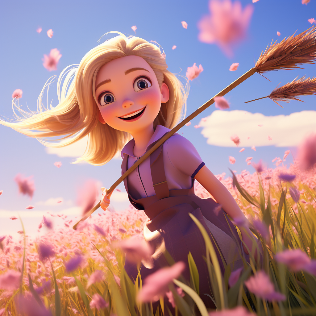 Blonde with Freckles Flying over Lilac Field