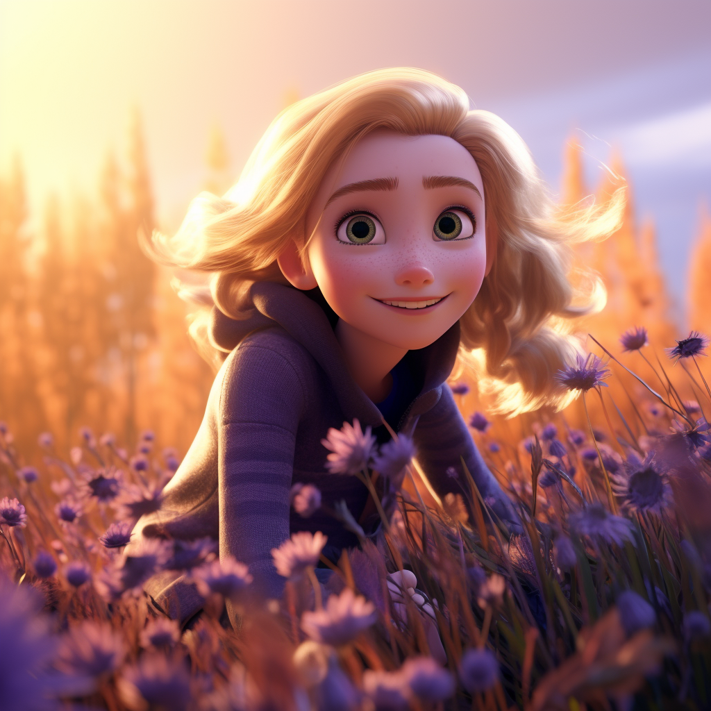 Blonde girl flying over lilac field on a broom