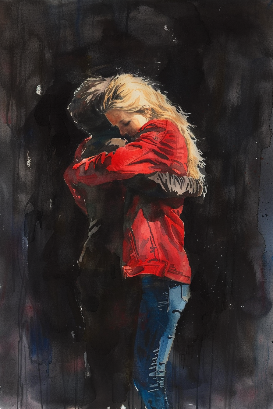 Cute blonde girl hugging shadow in watercolor