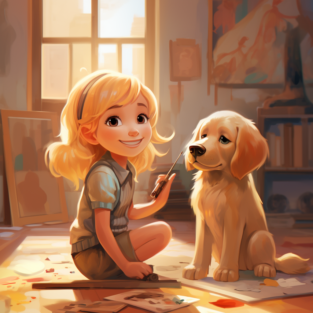 Cute blonde girl painting with orange lab dog