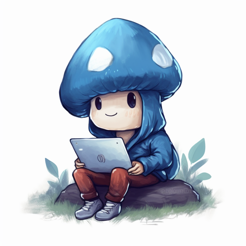 Cute blue mushroom with laptop in forest