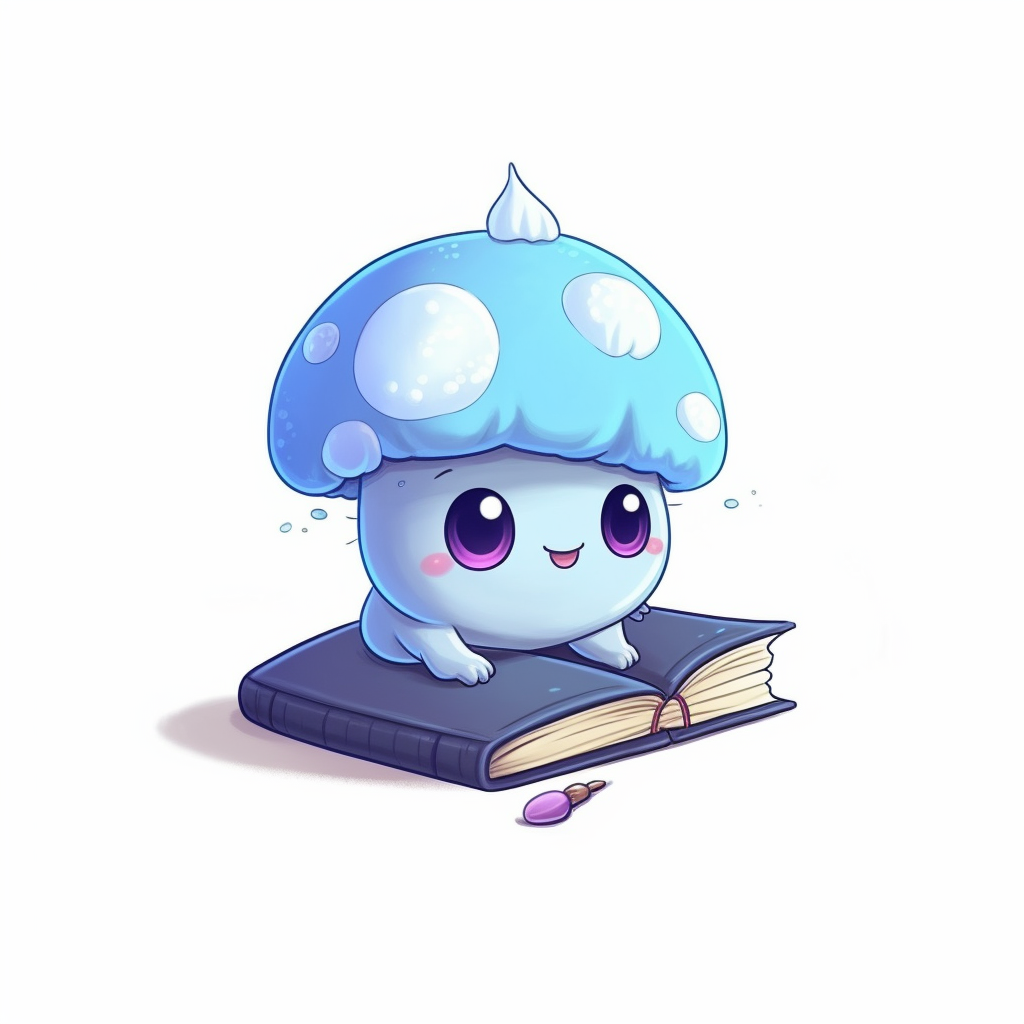 Cute blue mushroom on book working with laptop