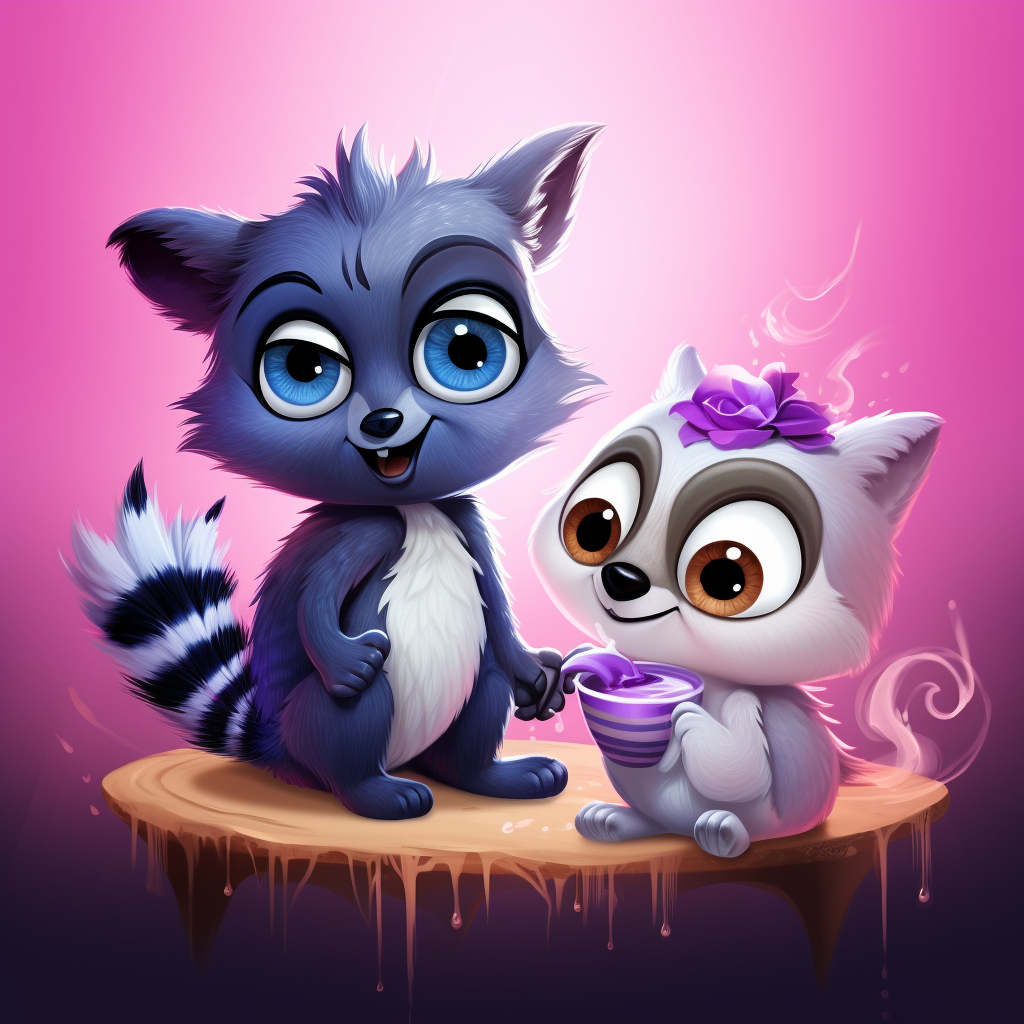 Cute bluejay and raccoon cartoon drinking purple juice