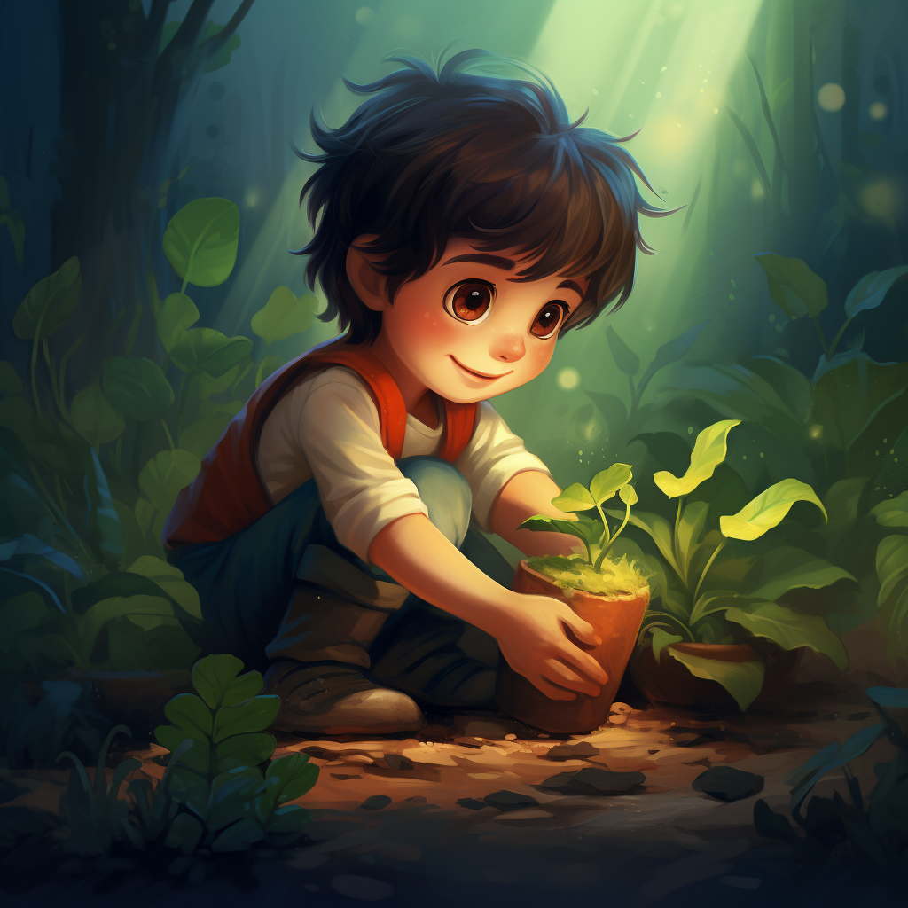 Young boy planting a plant