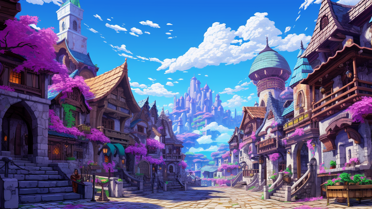 Beautiful purple pixel art village in daylight