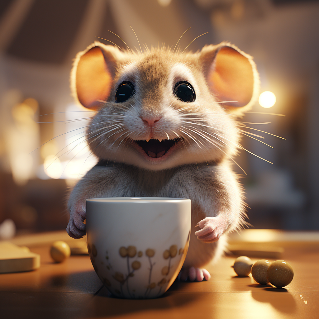 Chubby brown mouse savoring coffee