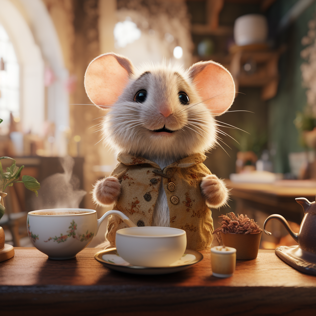 Chubby brown mouse enjoying a cup of coffee