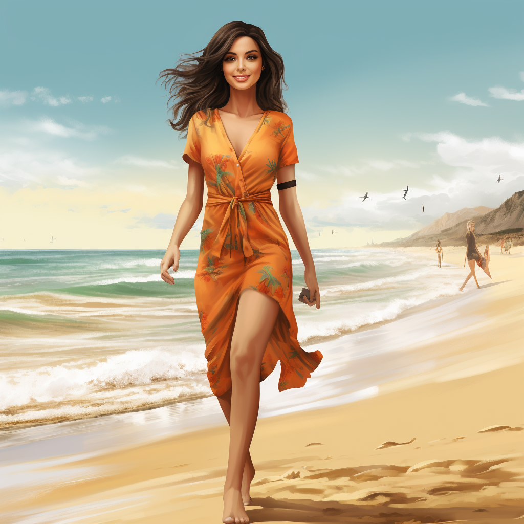 Cute brunette girl walking on beach