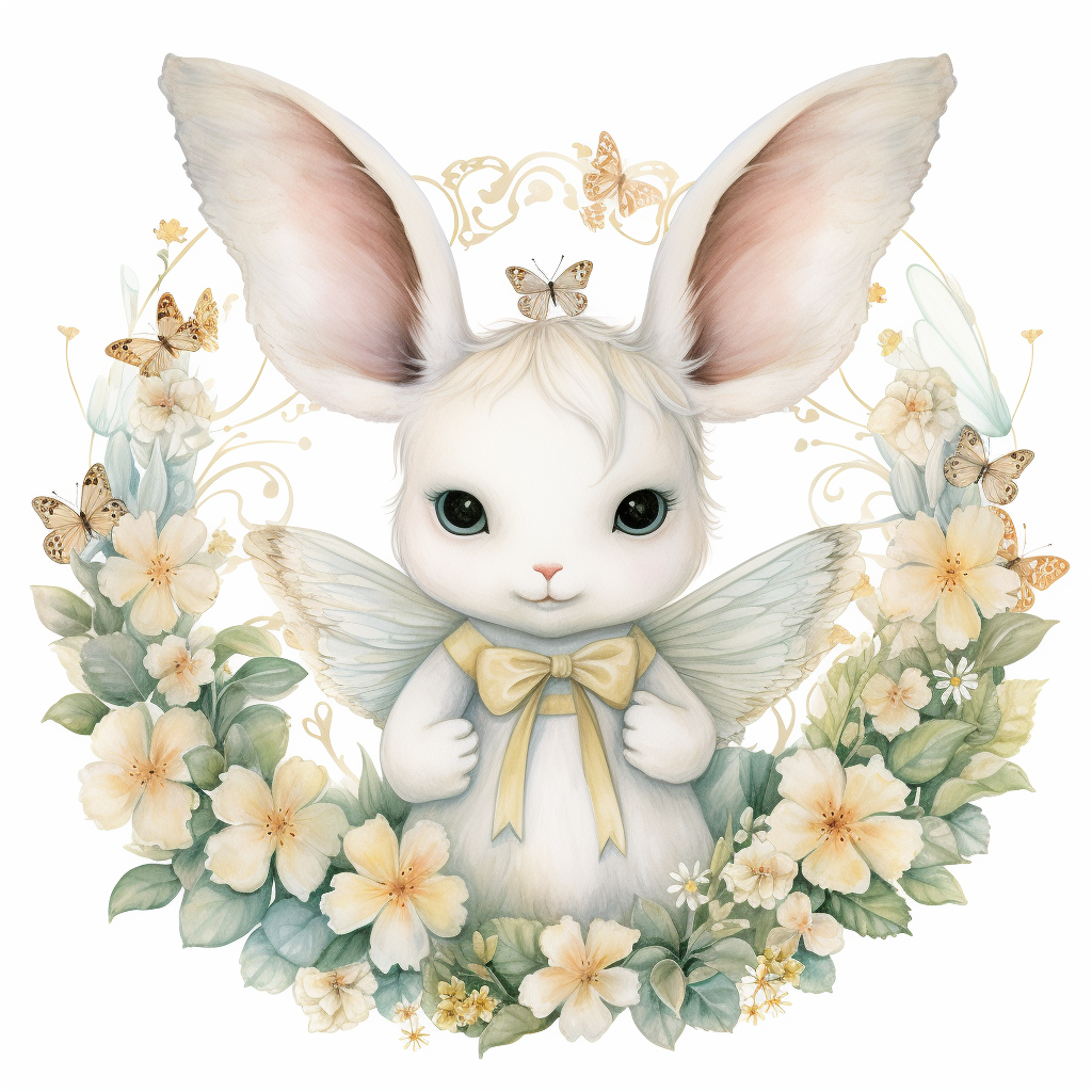 White bunny with fairy wings and flowers