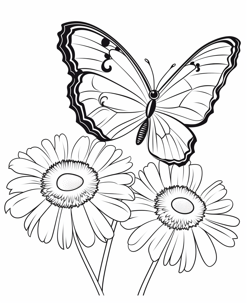 Vector outline of a cute butterfly near a daisy