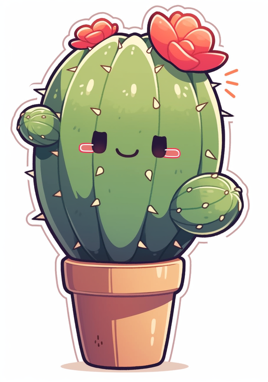 Cute cactus sticker illustration on white background