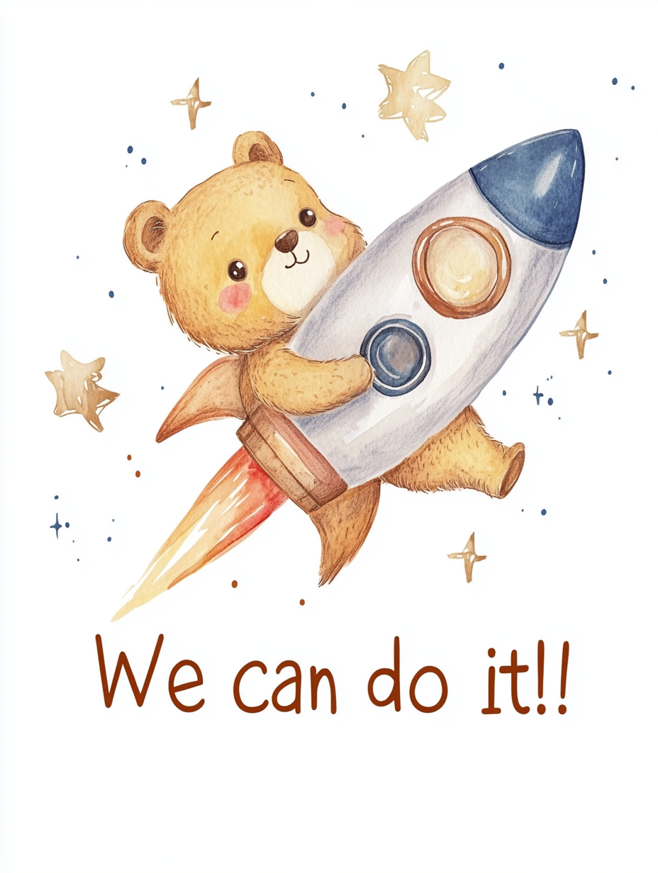 Cute bear flying rocket space