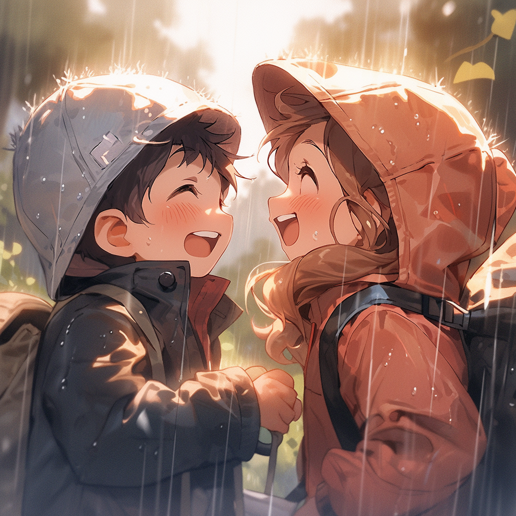 Cute cartoon boys and girls playing in rain