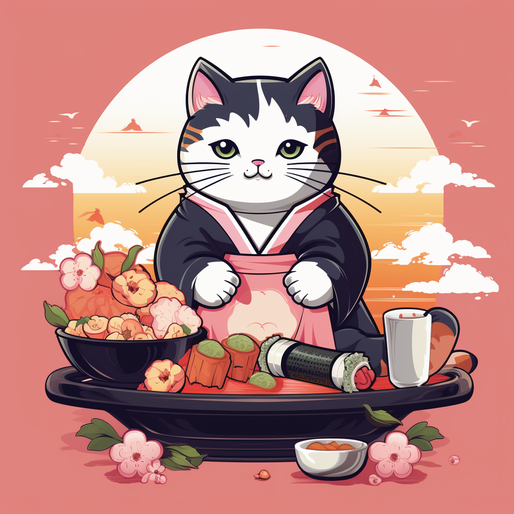 Cartoon cat eating sushi kimono