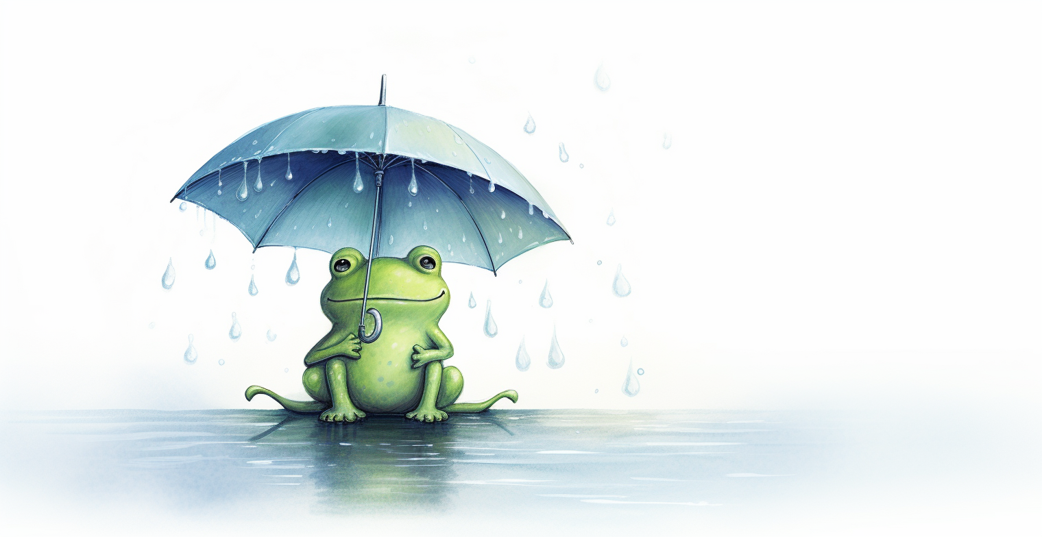 Cute cartoon frog with umbrella in rain