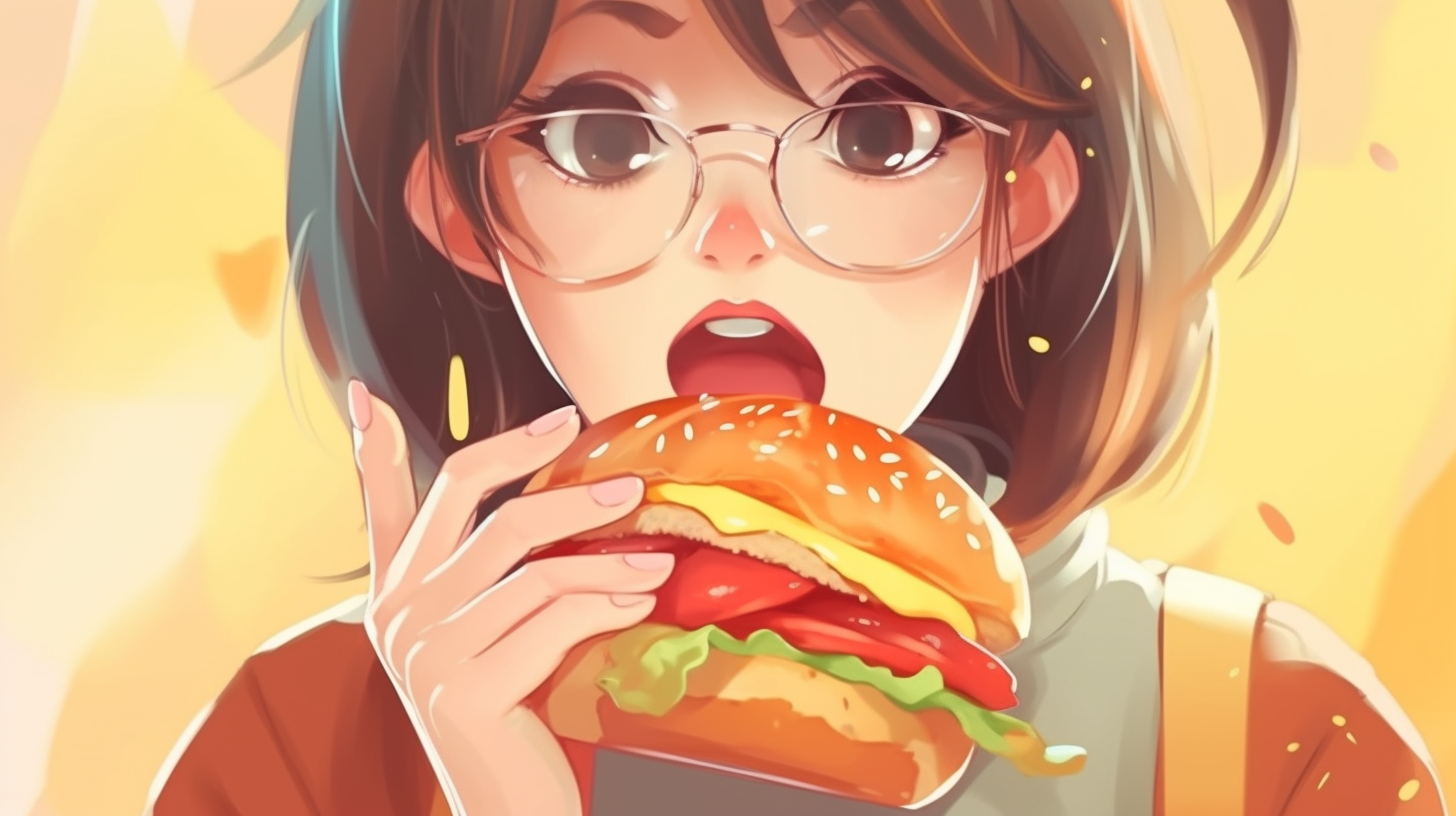 cartoon girl holding hamburger closeup