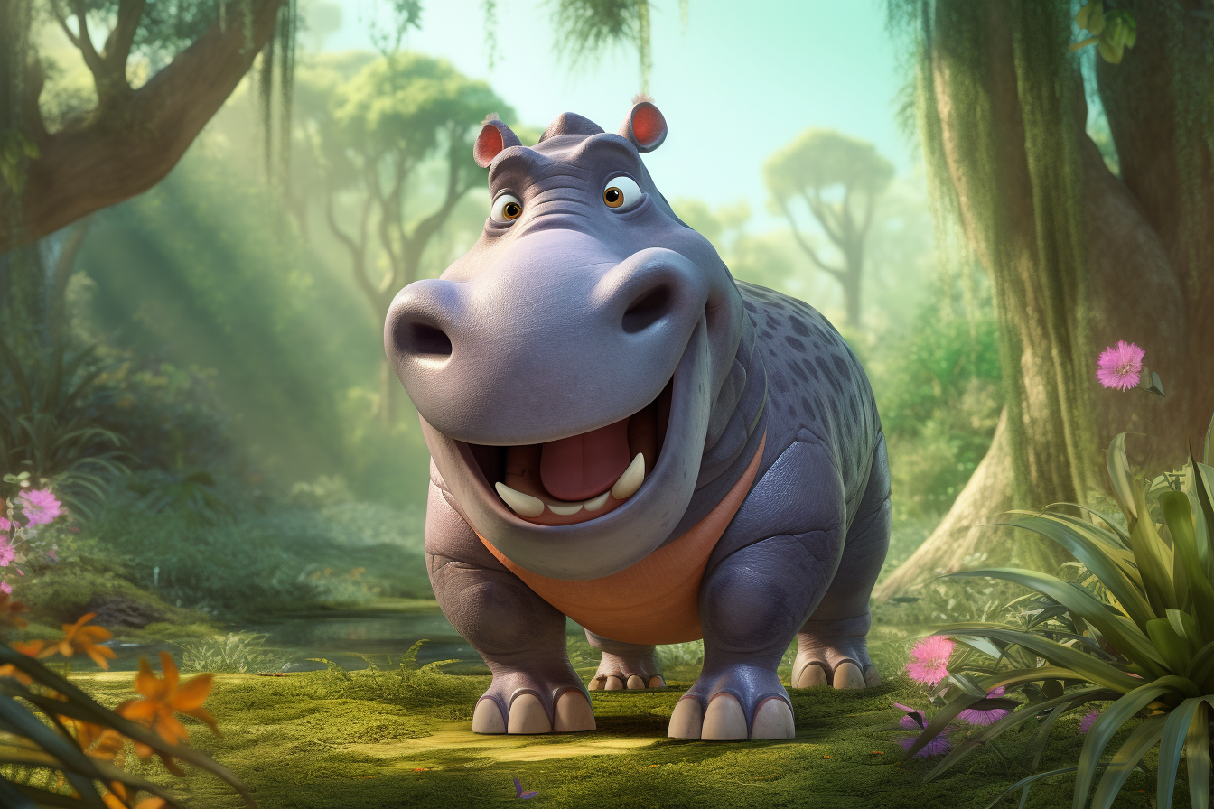 Cartoon Hippo Standing in Forest