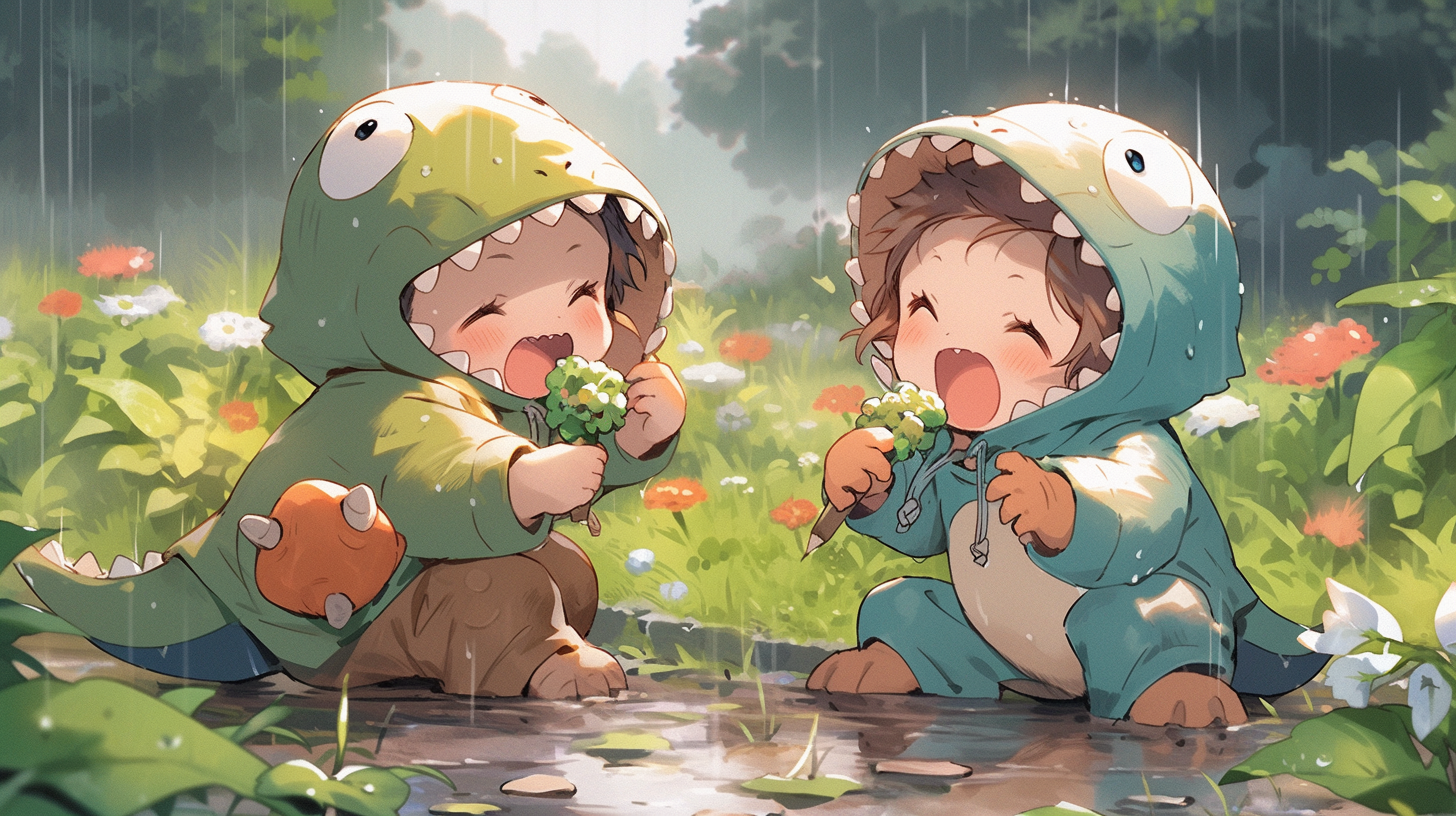 Cute Cartoon Kids in Rain Playing