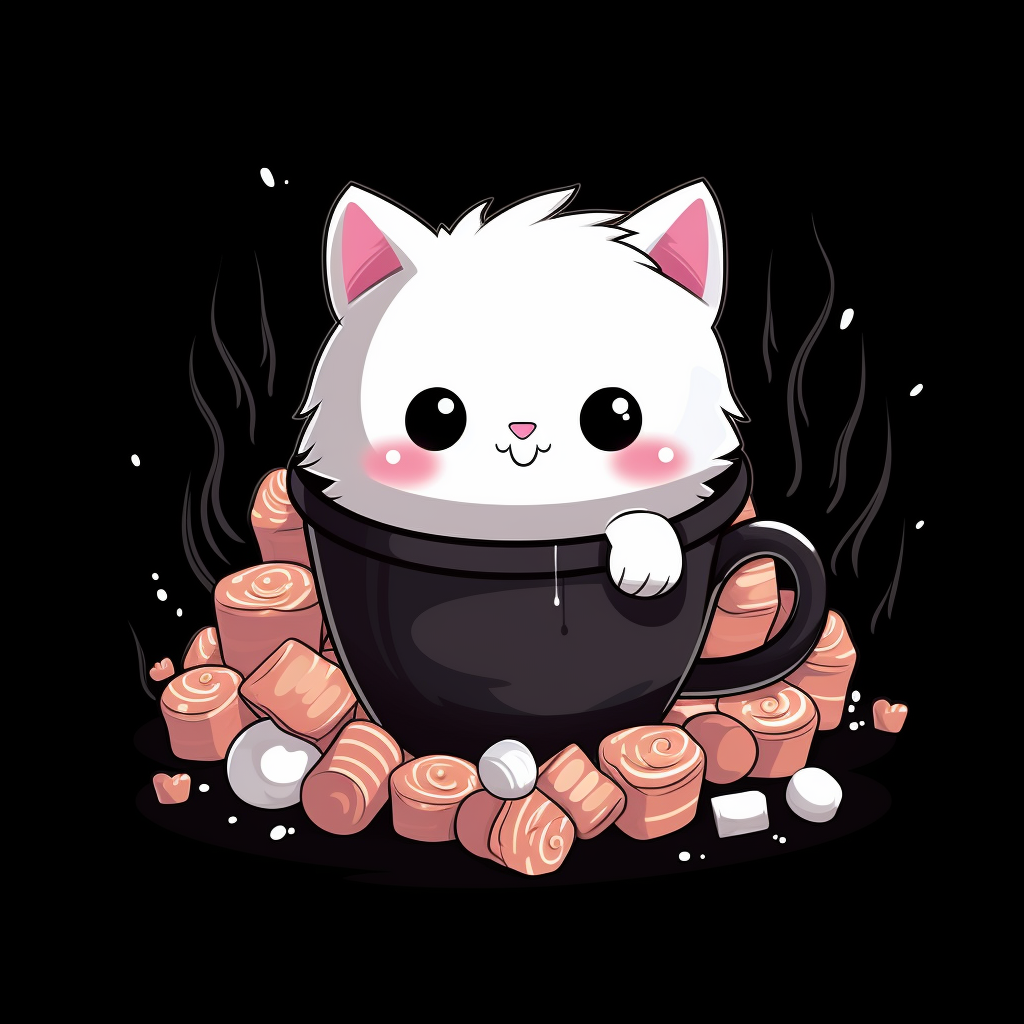 Adorable cat sitting in a coffeepot with sweets