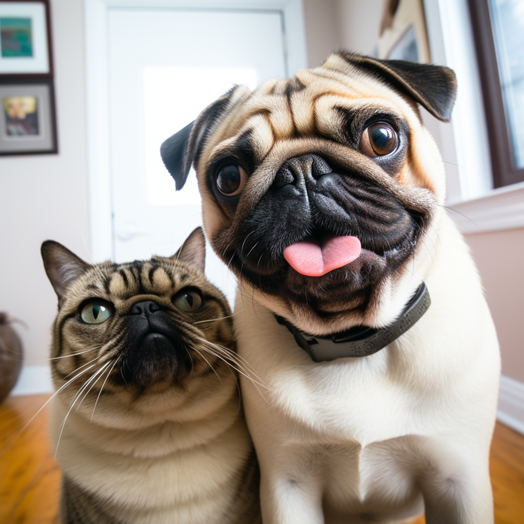 Selfie of Ginger Cat and Pug Dog