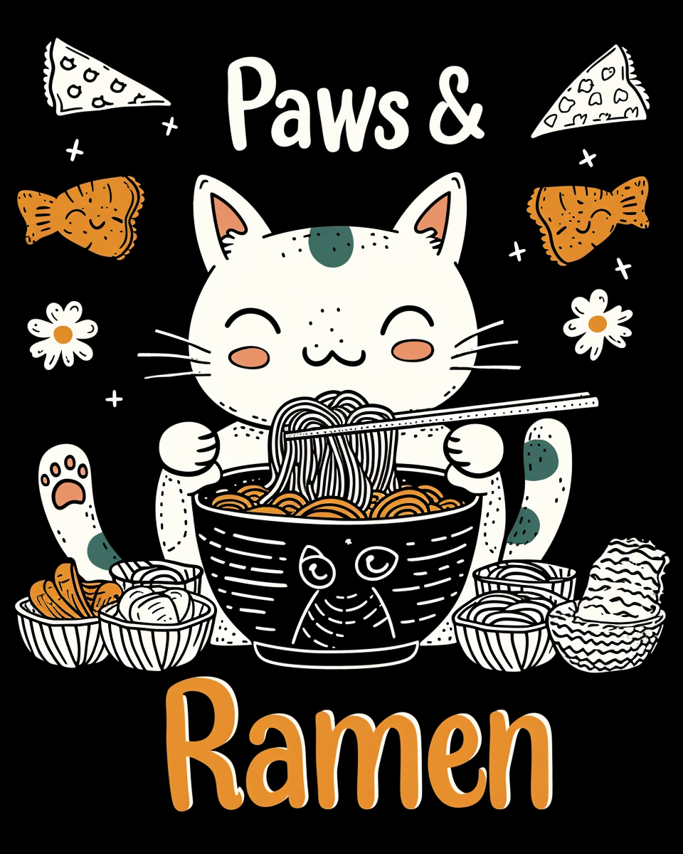 cute cat eating ramen illustration