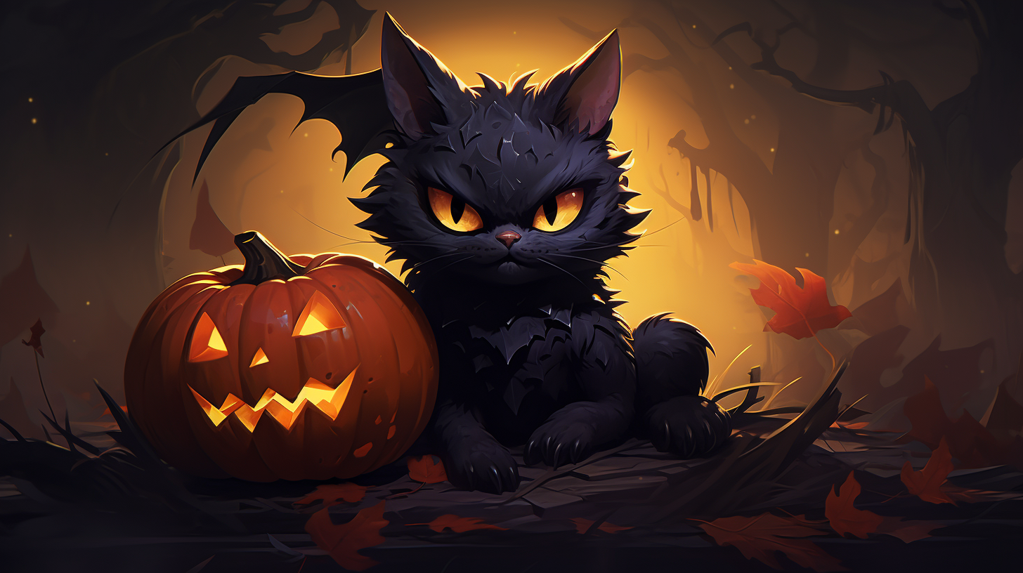 Cute cat surrounded by stylized Halloween pumpkins