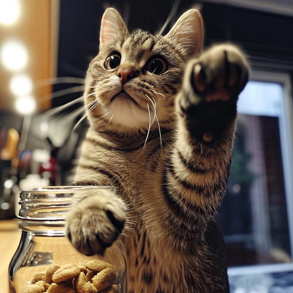 Cute cat with hand in cookie jar