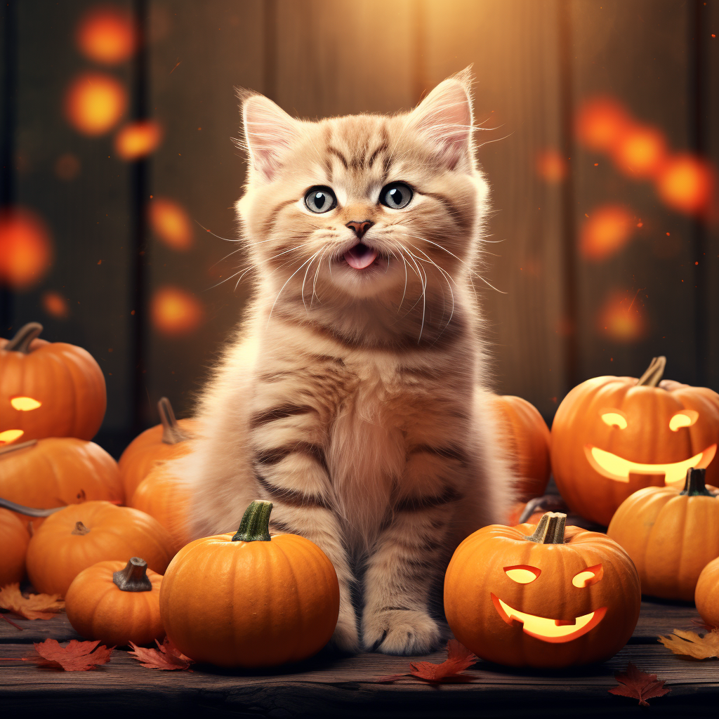 Cute cat holding a pumpkin