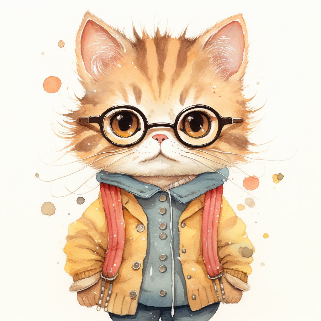 Detailed watercolor illustration of a cute cat