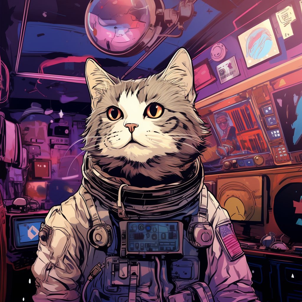 Cute cat in spacesuit adjusting