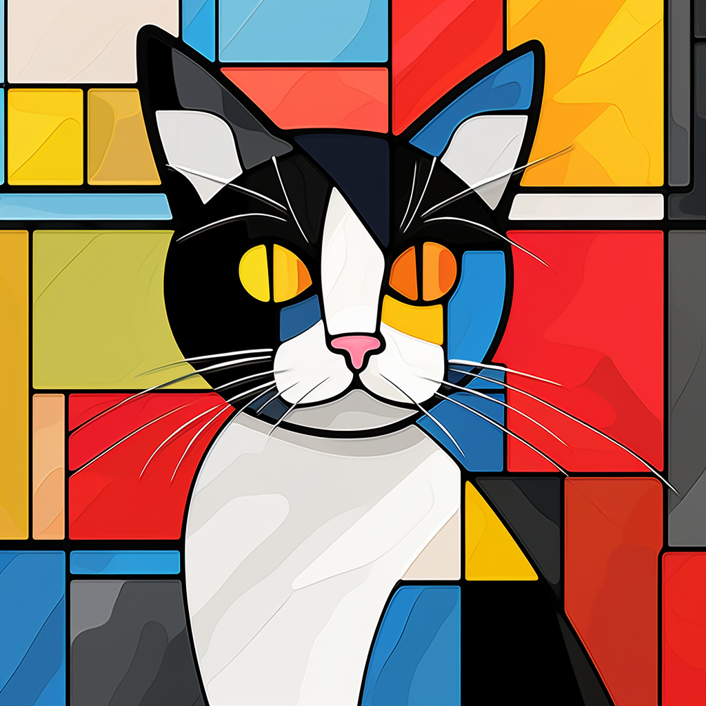 Playful cat enjoying a colorful Mondrian-inspired artwork