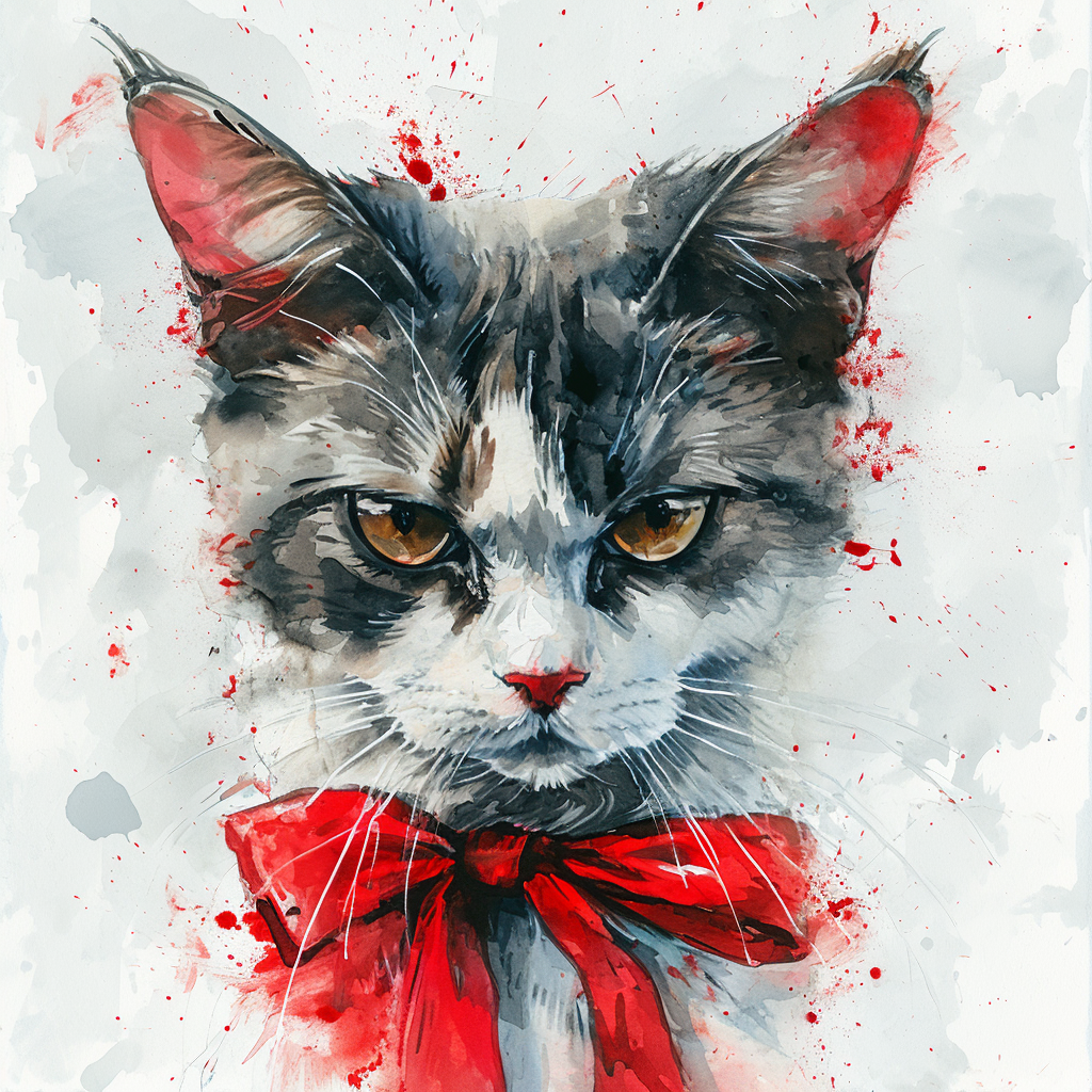 Watercolor Illustration of Playful Cat with Red Bow