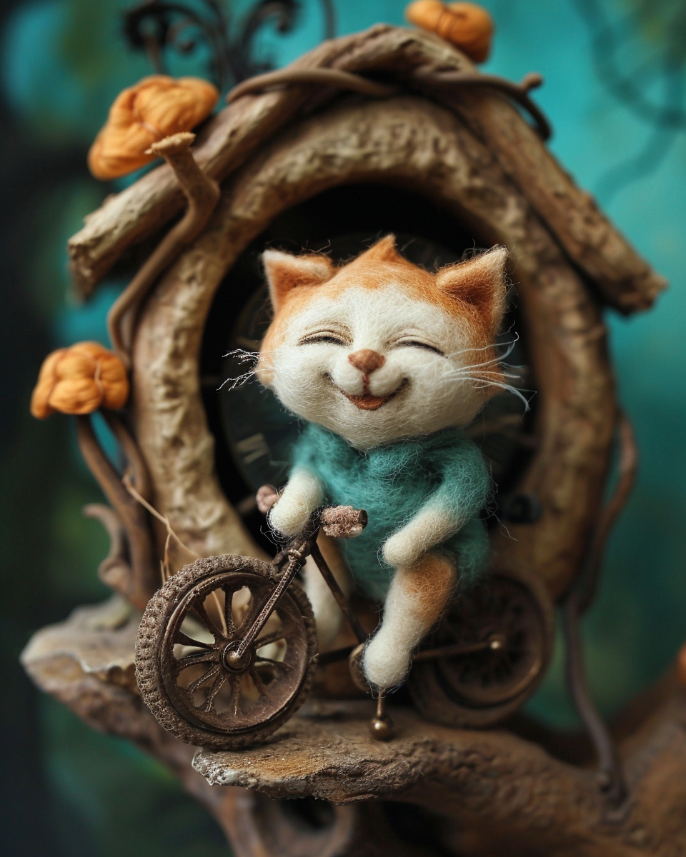 Cute cat riding bike into time travel portal