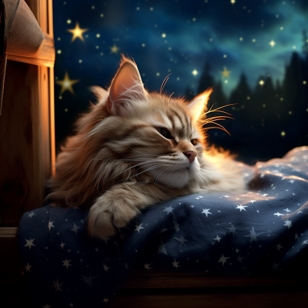 Cute Cat Sleeping on Bed with Night Sky Stars