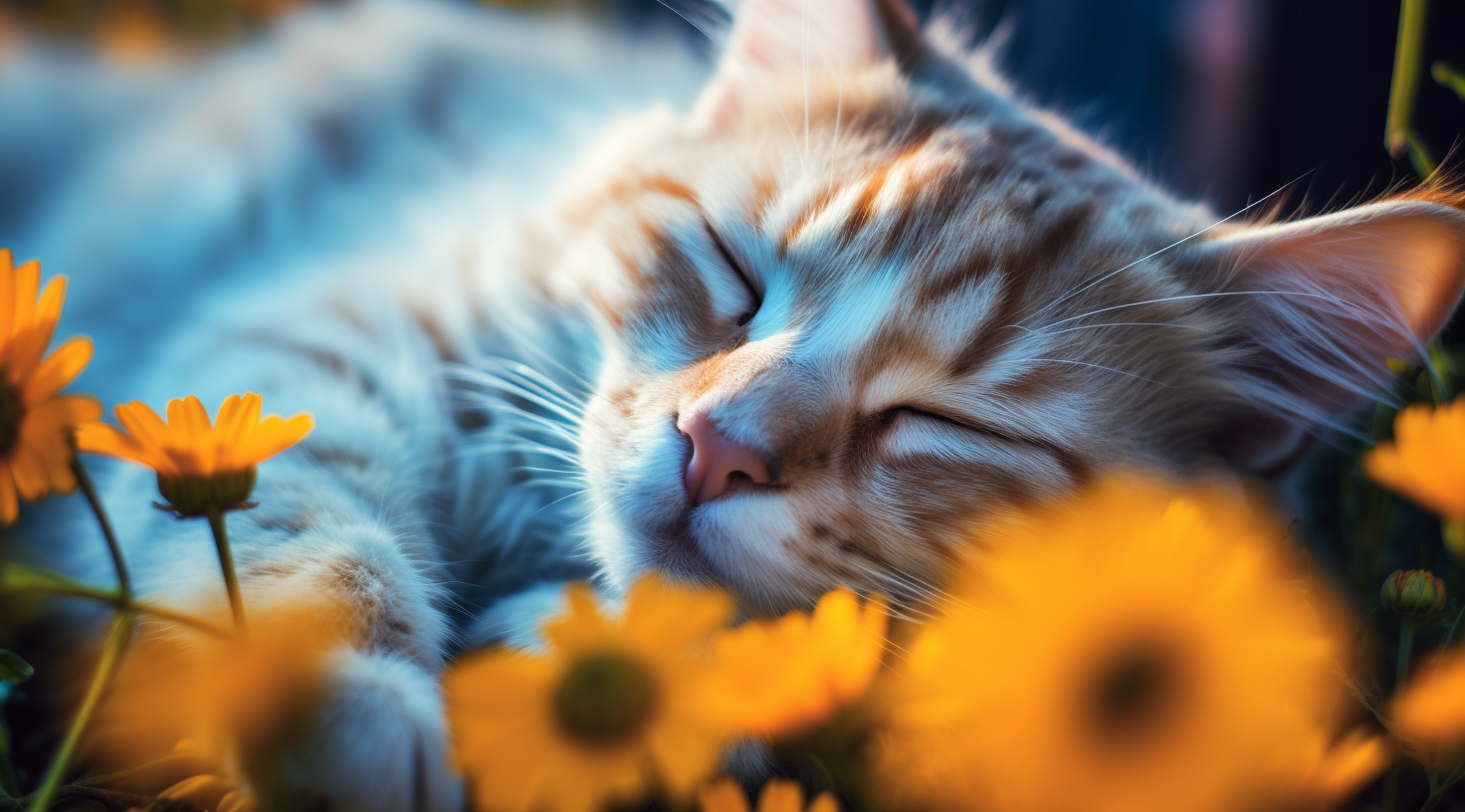 Cute Cat in Blue Daisies