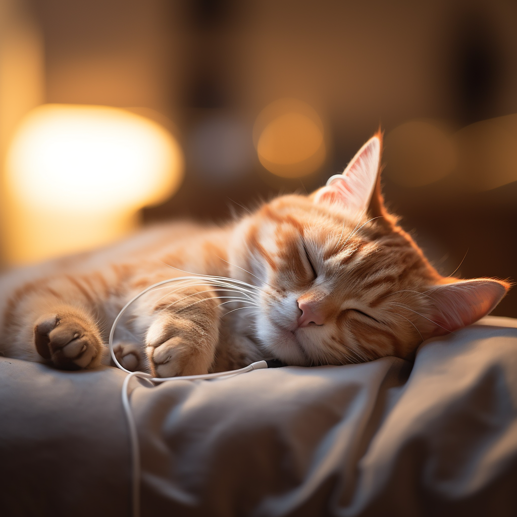 Cute cat sleeping with earphones and smartphone