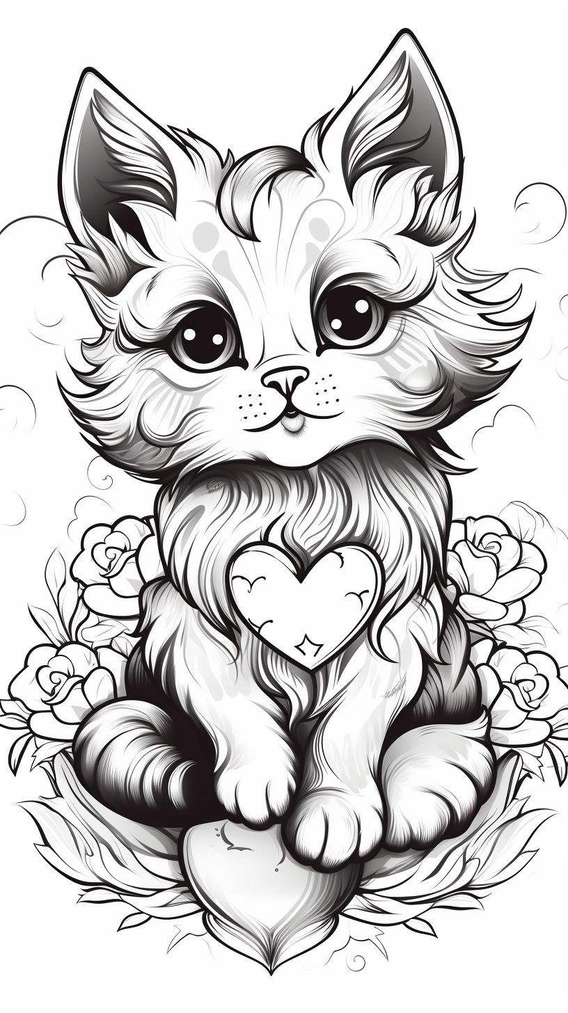 Cute cat with Valentines Day hearts coloring book